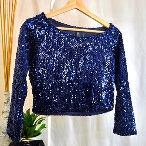 Women Petite Sequins Crop Top Long Sleeves